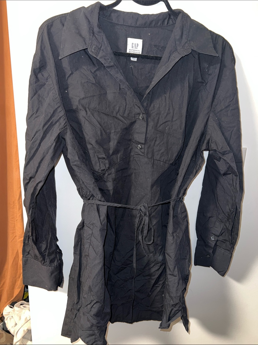 GAP Black Long-Sleeve Shirt Dress with Tie Waist